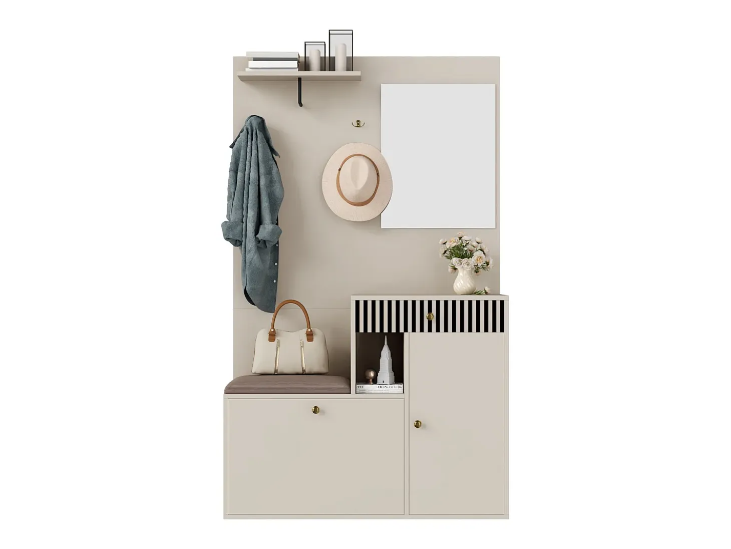 Conjunto de vestidor de entrada 110x37x185,5 cm - con espejo y ganchos - Mueble para zapatos y banco para calzado - Beige