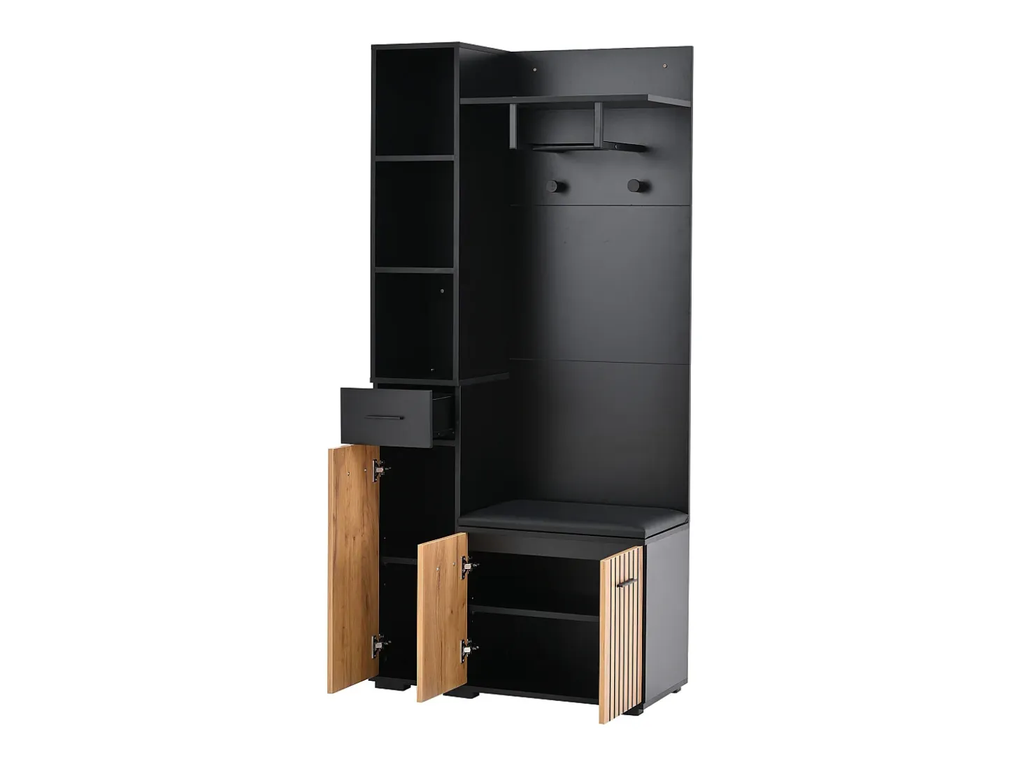 Conjunto de vestidor de entrada 80×35×175 cm - 1 cajón y 3 puertas - con banco y mueble para zapatos - 2 ganchos - Negro + natural