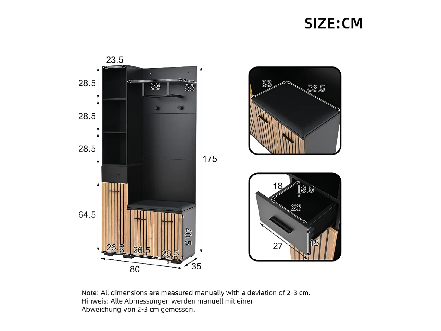 Conjunto de vestidor de entrada 80×35×175 cm - 1 cajón y 3 puertas - con banco y mueble para zapatos - 2 ganchos - Negro + natural