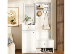 Conjunto de vestidor de entrada 105x38x180 cm - con espejo - con ganchos ajustables - 2 cajones y 1 puerta - Blanco