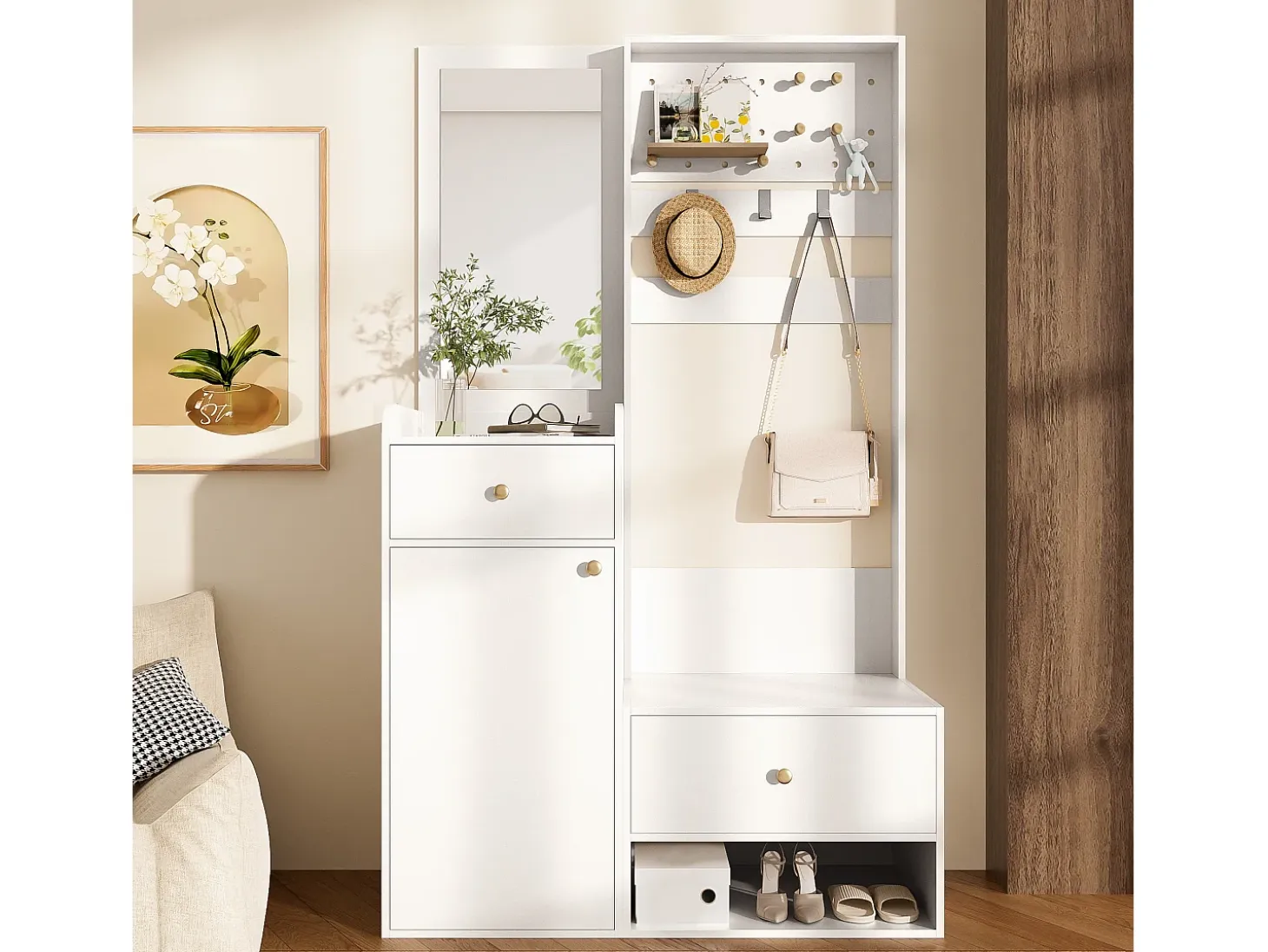 Conjunto de vestidor de entrada 105x38x180 cm - con espejo - con ganchos ajustables - 2 cajones y 1 puerta - Blanco