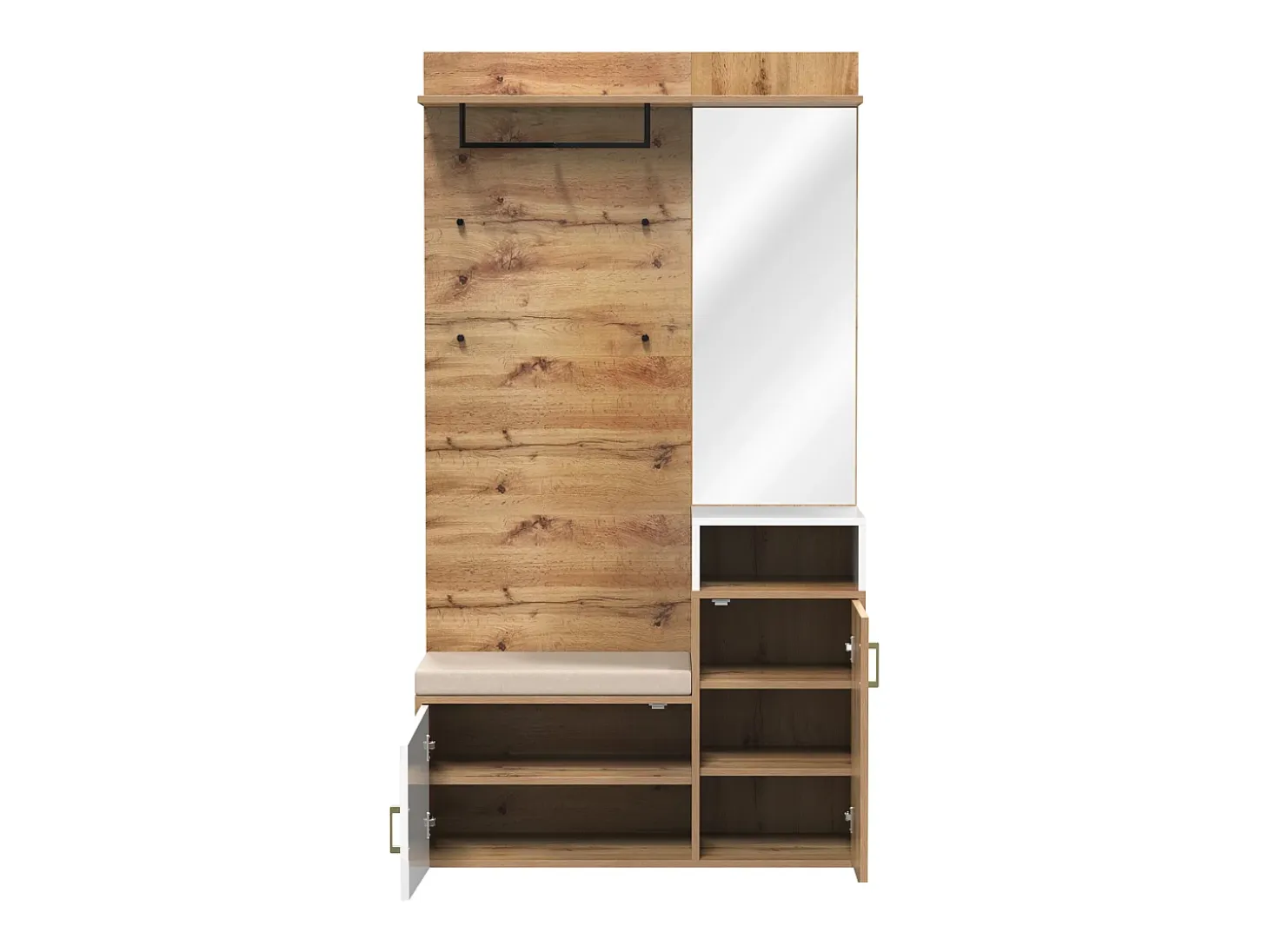 Conjunto de Vestuario Moderno con Perchero, Banco para Zapatos y Espejo - Blanco y Natural