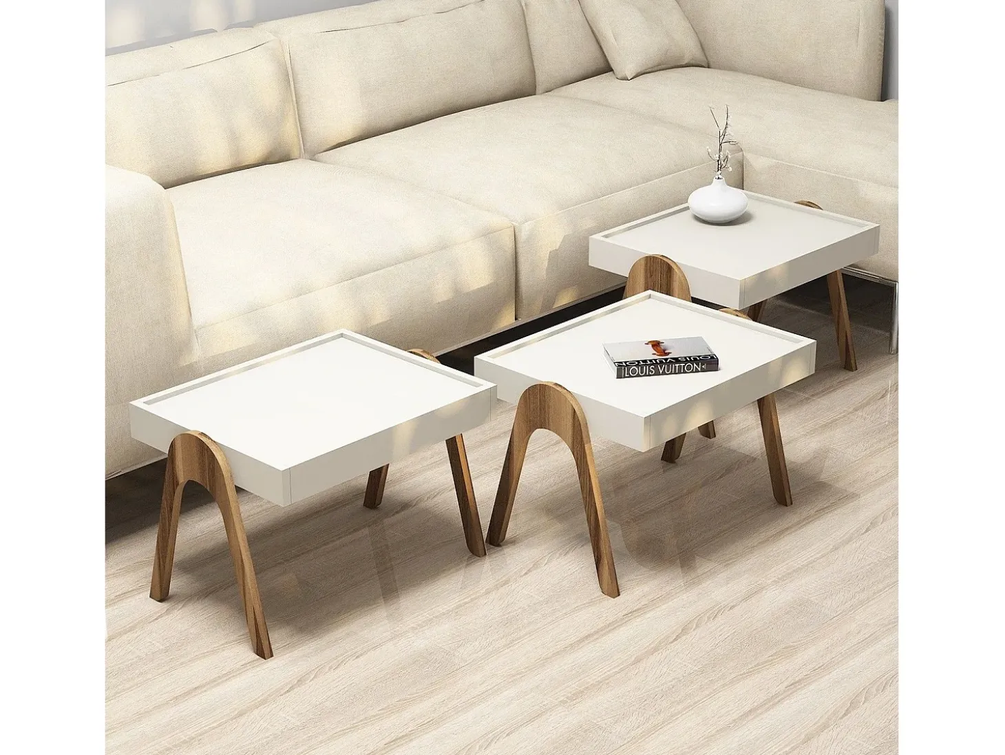 Conjunto mesa de centro Kailua 135, Crema|Nuez, 41x54x40cm, Aglomerado laminado, Angular