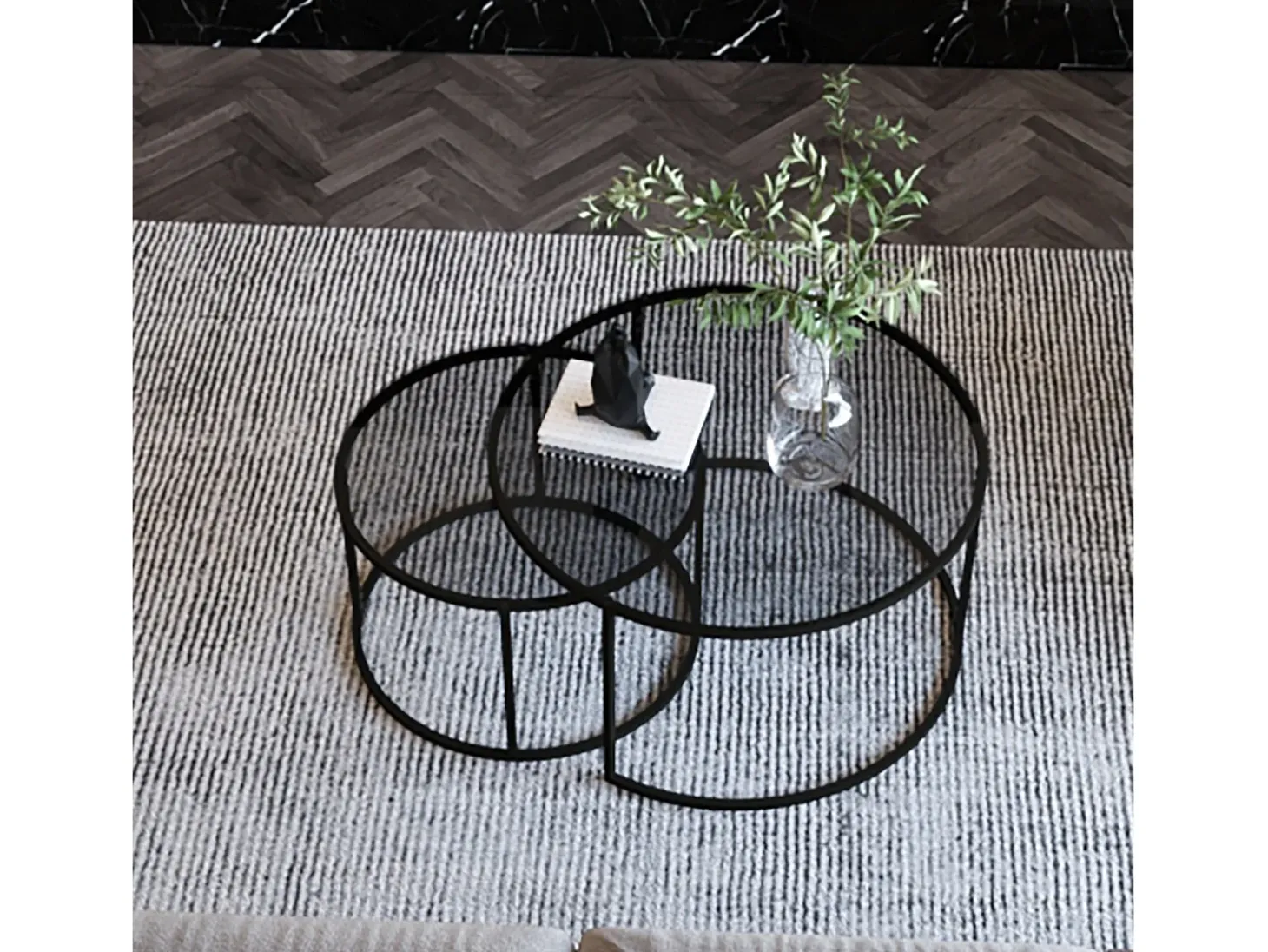 Conjunto mesa de centro Kailua 126, Negro, 45cm, Diámetro: 60, Vidrio templado, Redonda