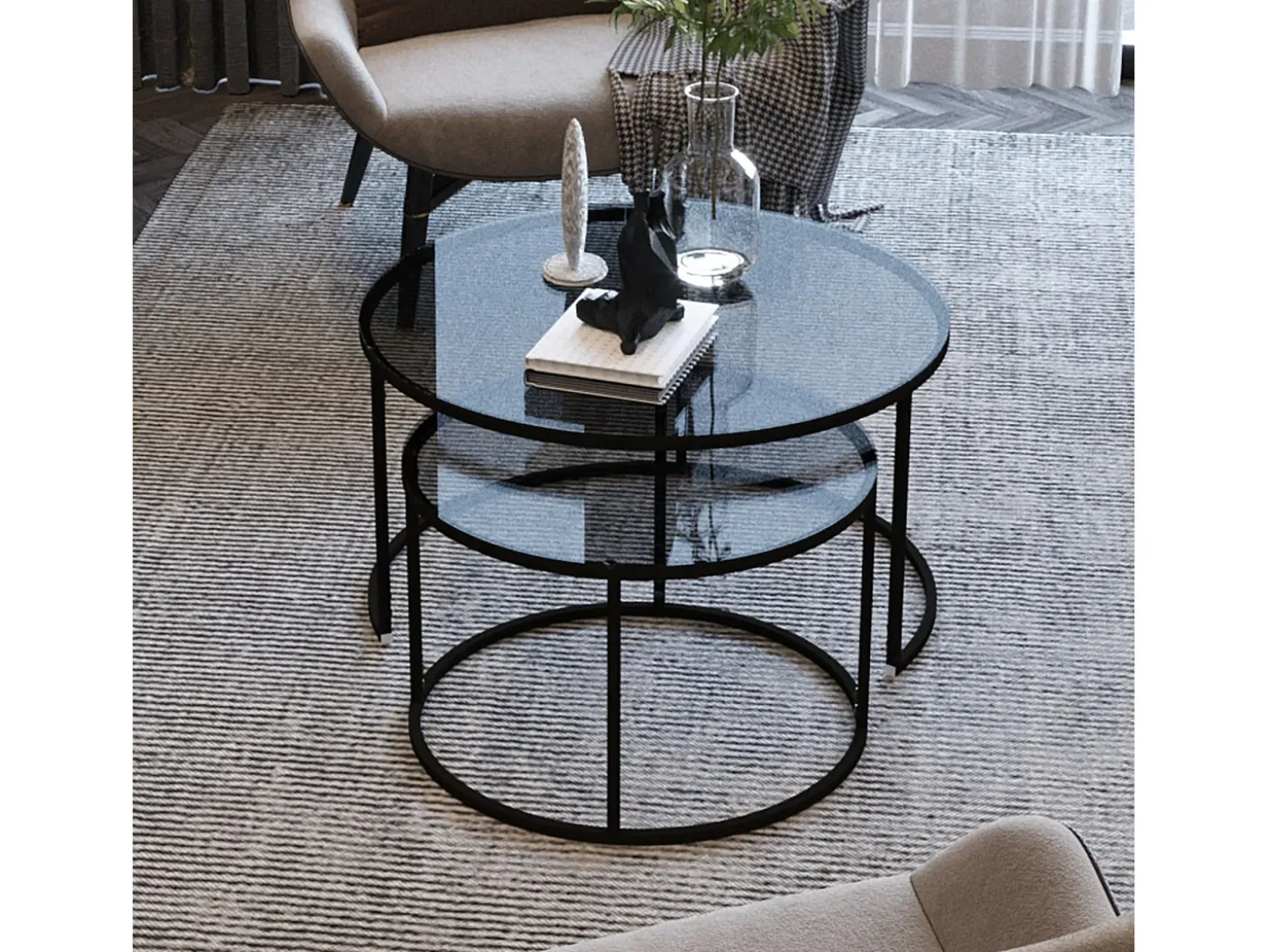 Conjunto mesa de centro Kailua 126, Negro, 45cm, Diámetro: 60, Vidrio templado, Redonda