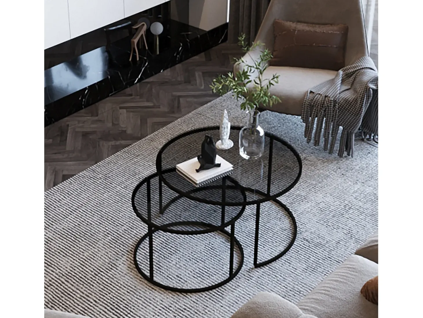 Conjunto mesa de centro Kailua 126, Negro, 45cm, Diámetro: 60, Vidrio templado, Redonda