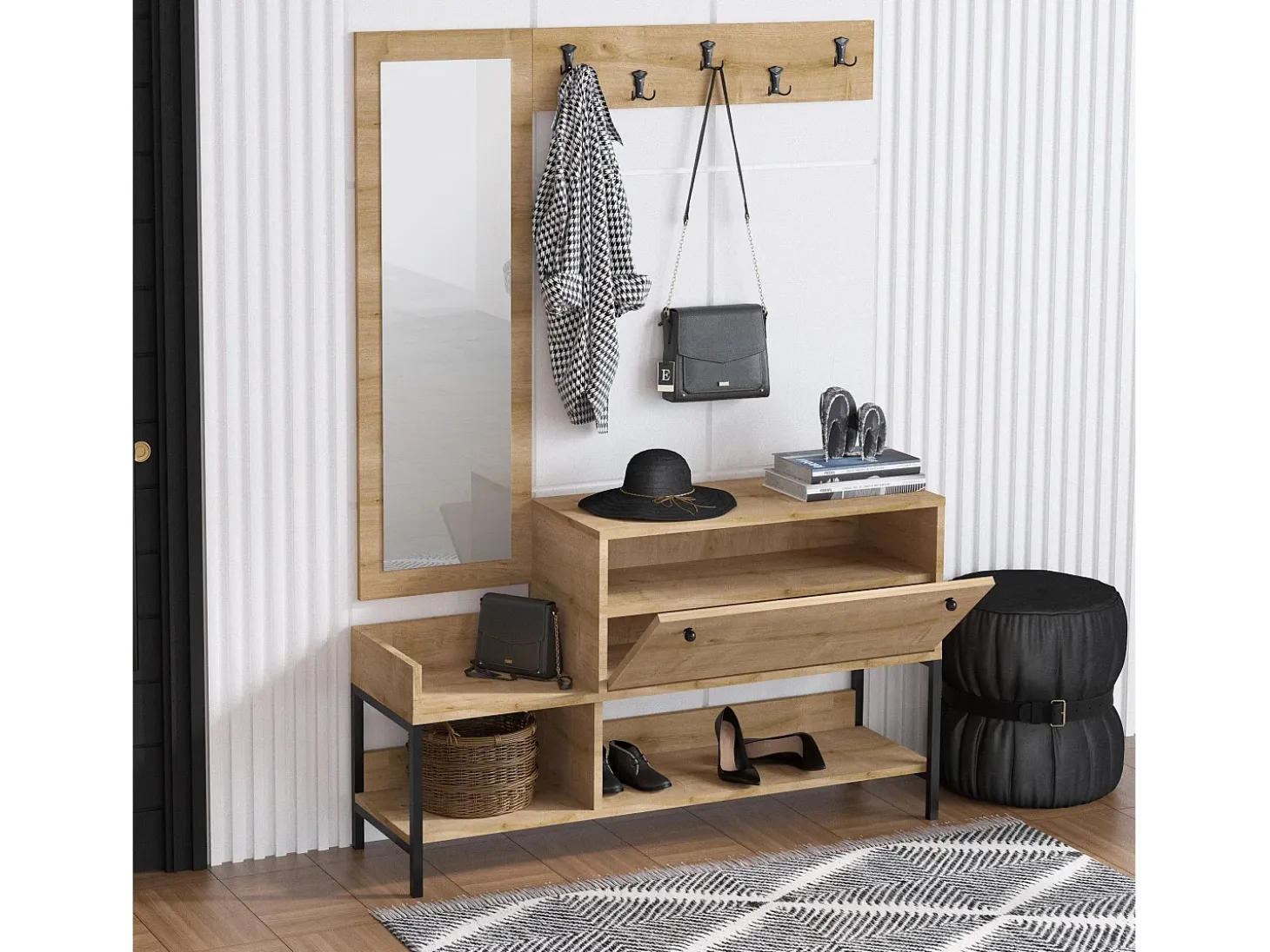 Conjunto pasillo Kailua V116, 120x35cm, Espejo, Roble|Negro, Aglomerado laminado