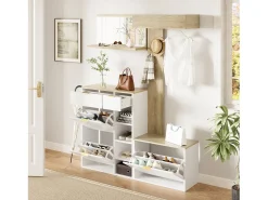 Conjunto perchero de entrada 130x30x174cm - con zapatero y banco - con espejo de pared y perchero - Natural + Blanco