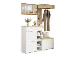 Conjunto perchero de entrada 130x30x174cm - con zapatero y banco - con espejo de pared y perchero - Natural + Blanco