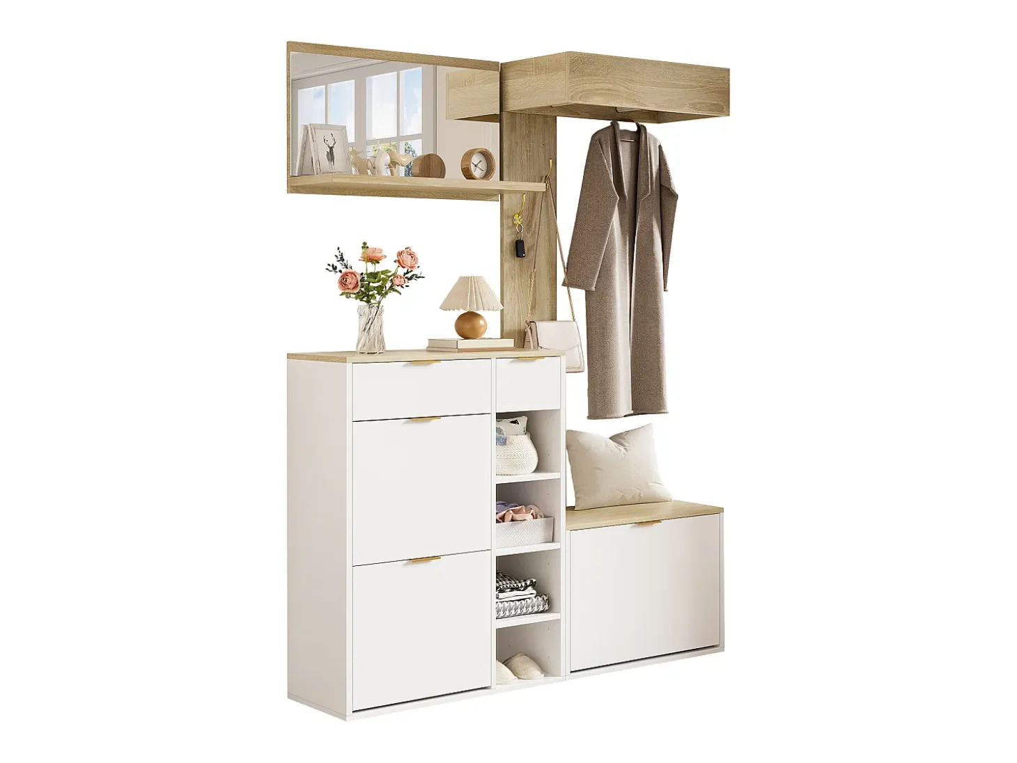 Conjunto perchero de entrada 130x30x174cm - con zapatero y banco - con espejo de pared y perchero - Natural + Blanco