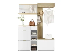 Conjunto perchero de entrada 130x30x174cm - con zapatero y banco - con espejo de pared y perchero - Natural + Blanco