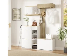 Conjunto perchero de entrada 130x30x174cm - con zapatero y banco - con espejo de pared y perchero - Natural + Blanco
