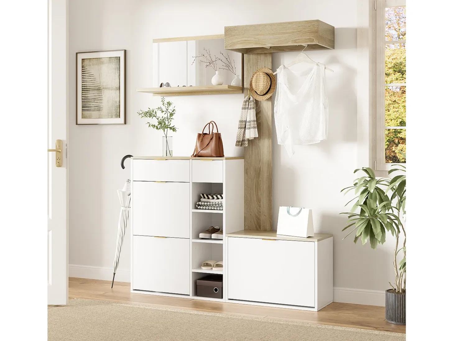 Conjunto perchero de entrada 130x30x174cm - con zapatero y banco - con espejo de pared y perchero - Natural + Blanco