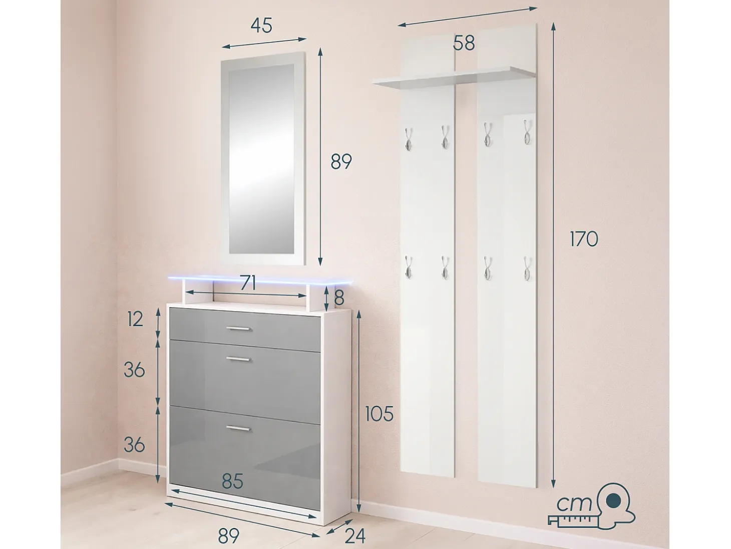 Conjunto recibidor para Entrada Pasillo en Blanco y Gris con LED 105x24x89cm Paola