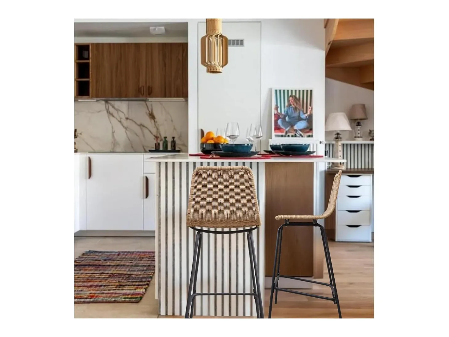 Conjunto taburetes de bar BALI de metal de 65 cm con asiento de ratán