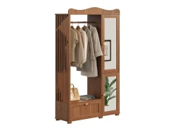 Conjunto vestidor de entrada - 115,5x38,5x194,5 cm - con espejo y tendedero abierto - 1 cajón y 2 puertas - MDF - Color nogal