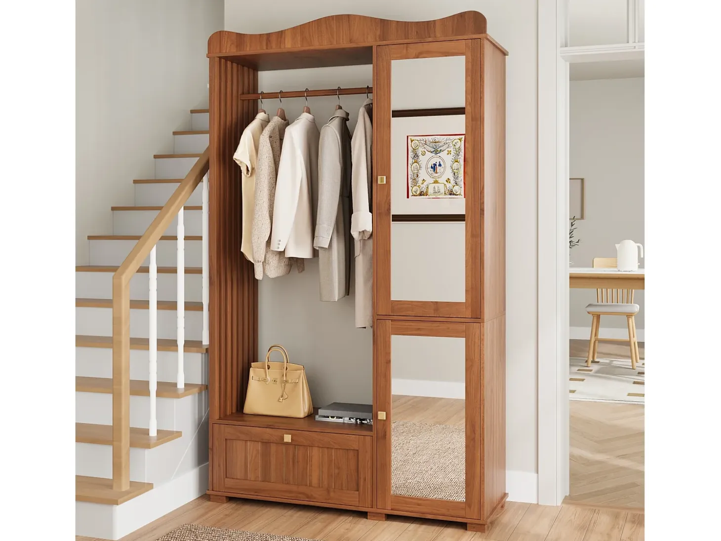 Conjunto vestidor de entrada - 115,5x38,5x194,5 cm - con espejo y tendedero abierto - 1 cajón y 2 puertas - MDF - Color nogal
