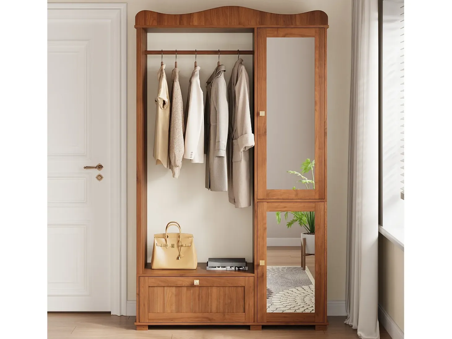 Conjunto vestidor de entrada - 115,5x38,5x194,5 cm - con espejo y tendedero abierto - 1 cajón y 2 puertas - MDF - Color nogal