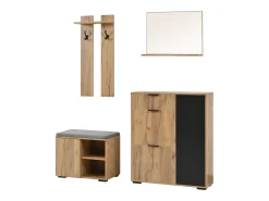 Conjunto vestidor de entrada 4 piezas - mueble de zapatos y banco de zapatos - espejo y perchero - Natural + Negro