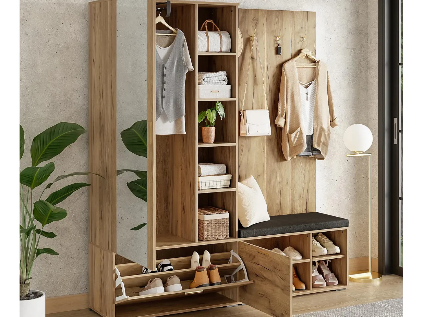 Conjunto vestidor de entrada 160x38x180cm - con 3 puertas y compartimentos de almacenamiento - con espejo y mueble para zapatos - con gancho - Natural