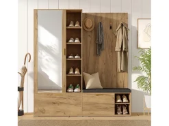 Conjunto vestidor de entrada 160x38x180cm - con 3 puertas y compartimentos de almacenamiento - con espejo y mueble para zapatos - con gancho - Natural