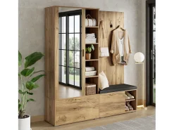 Conjunto vestidor de entrada 160x38x180cm - con 3 puertas y compartimentos de almacenamiento - con espejo y mueble para zapatos - con gancho - Natural