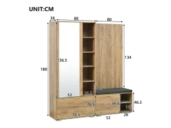 Conjunto vestidor de entrada 160x38x180cm - con 3 puertas y compartimentos de almacenamiento - con espejo y mueble para zapatos - con gancho - Natural