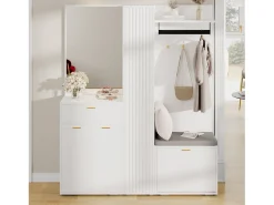 Conjunto vestidor de entrada 150x36x180cm - con 4 puertas y 1 cajón - con espejo y mueble para zapatos - con gancho - Blanco