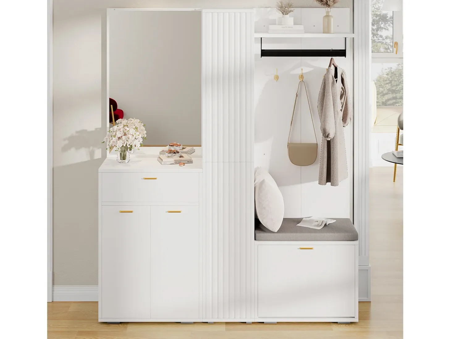 Conjunto vestidor de entrada 150x36x180cm - con 4 puertas y 1 cajón - con espejo y mueble para zapatos - con gancho - Blanco