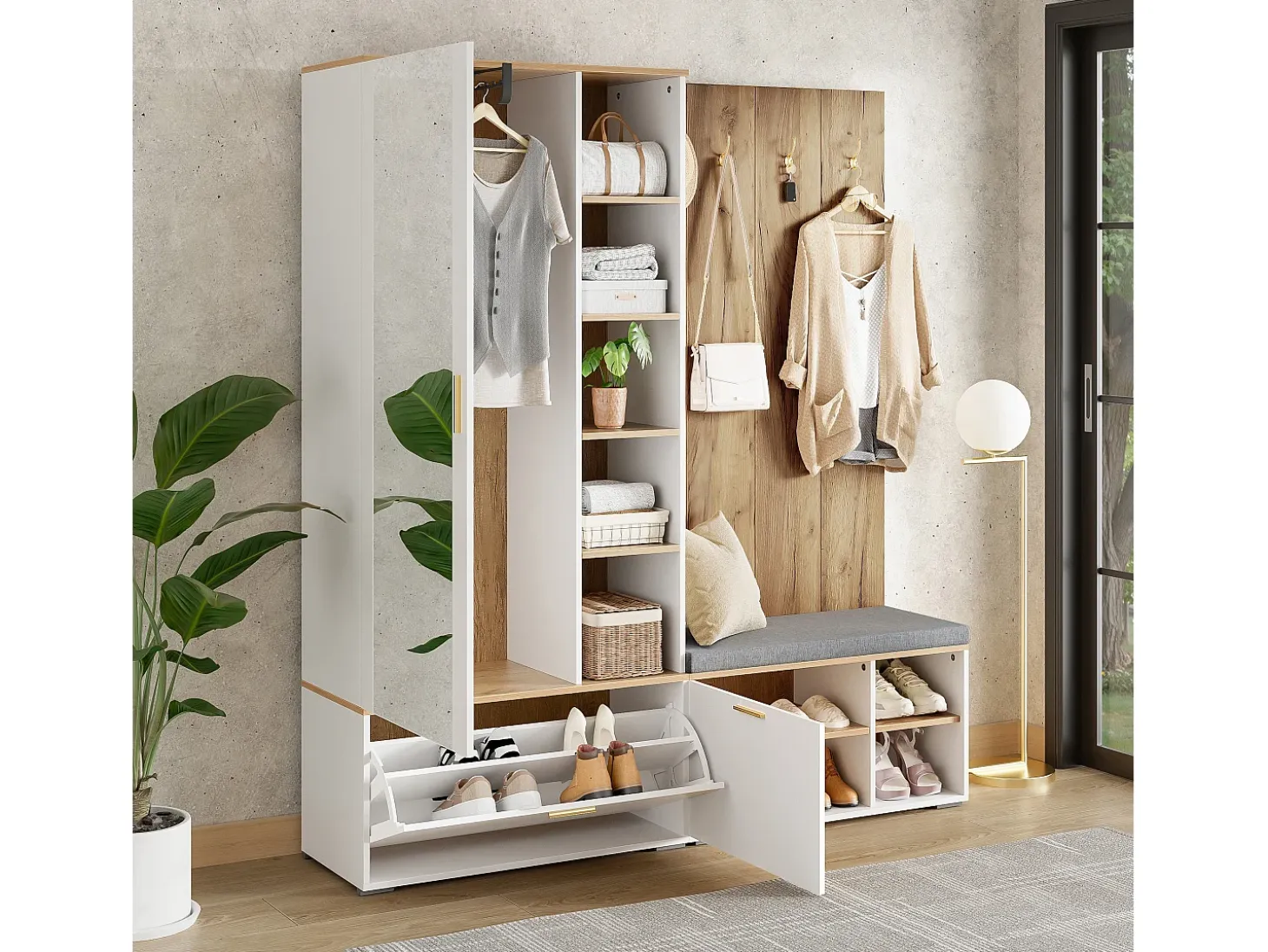 Conjunto vestidor de entrada 160x38x180cm - con 3 puertas y compartimentos de almacenamiento - con espejo y mueble para zapatos - con gancho - Natural + Blanco