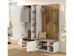 Conjunto vestidor de entrada 160x38x180cm - con 3 puertas y compartimentos de almacenamiento - con espejo y mueble para zapatos - con gancho - Natural + Blanco