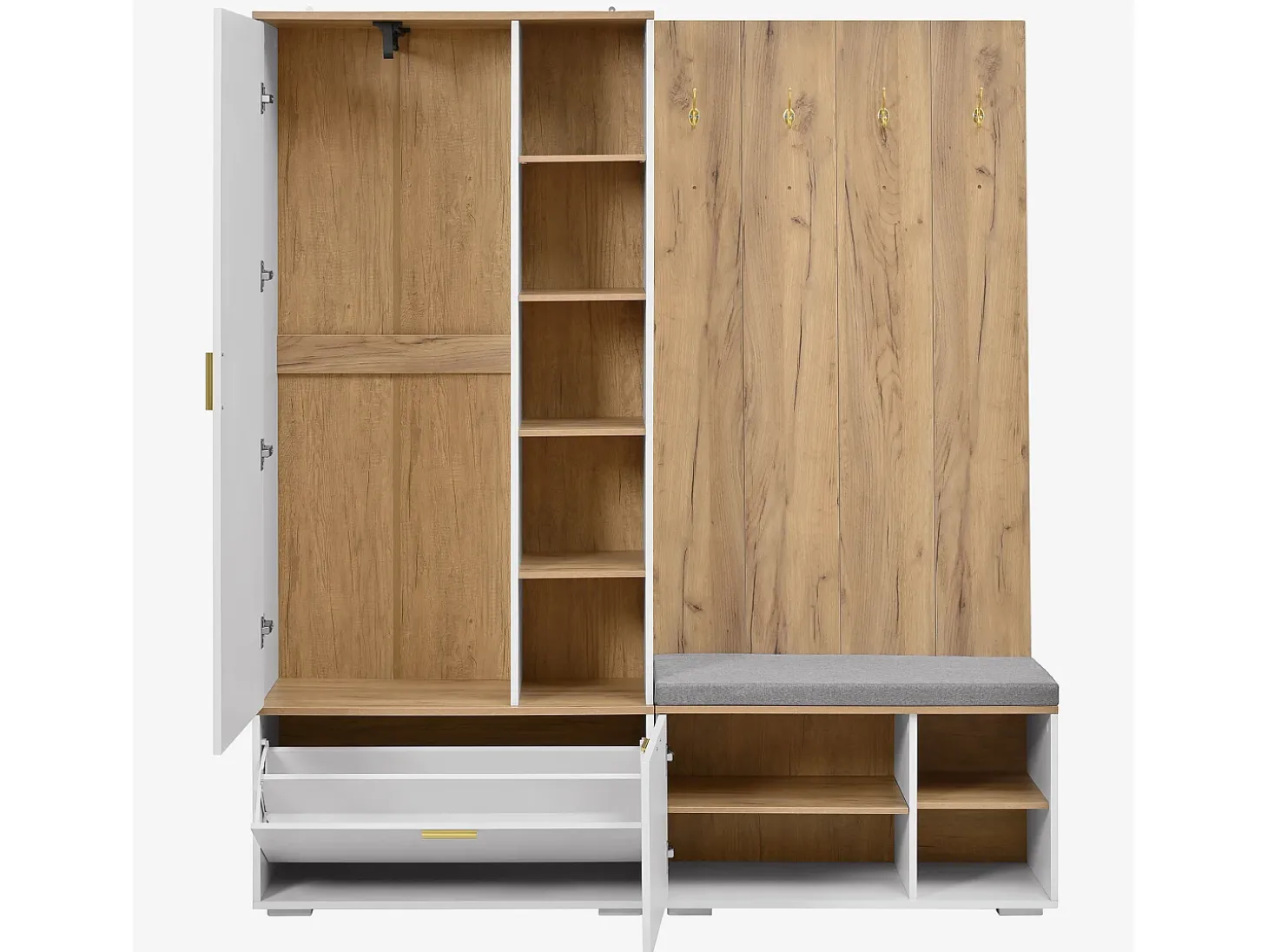 Conjunto vestidor de entrada 160x38x180cm - con 3 puertas y compartimentos de almacenamiento - con espejo y mueble para zapatos - con gancho - Natural + Blanco
