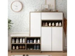 Conjunto zapatero + banco zapatero con cojín - 140 x 35 x 110 cm - Tablero de partículas - Blanco