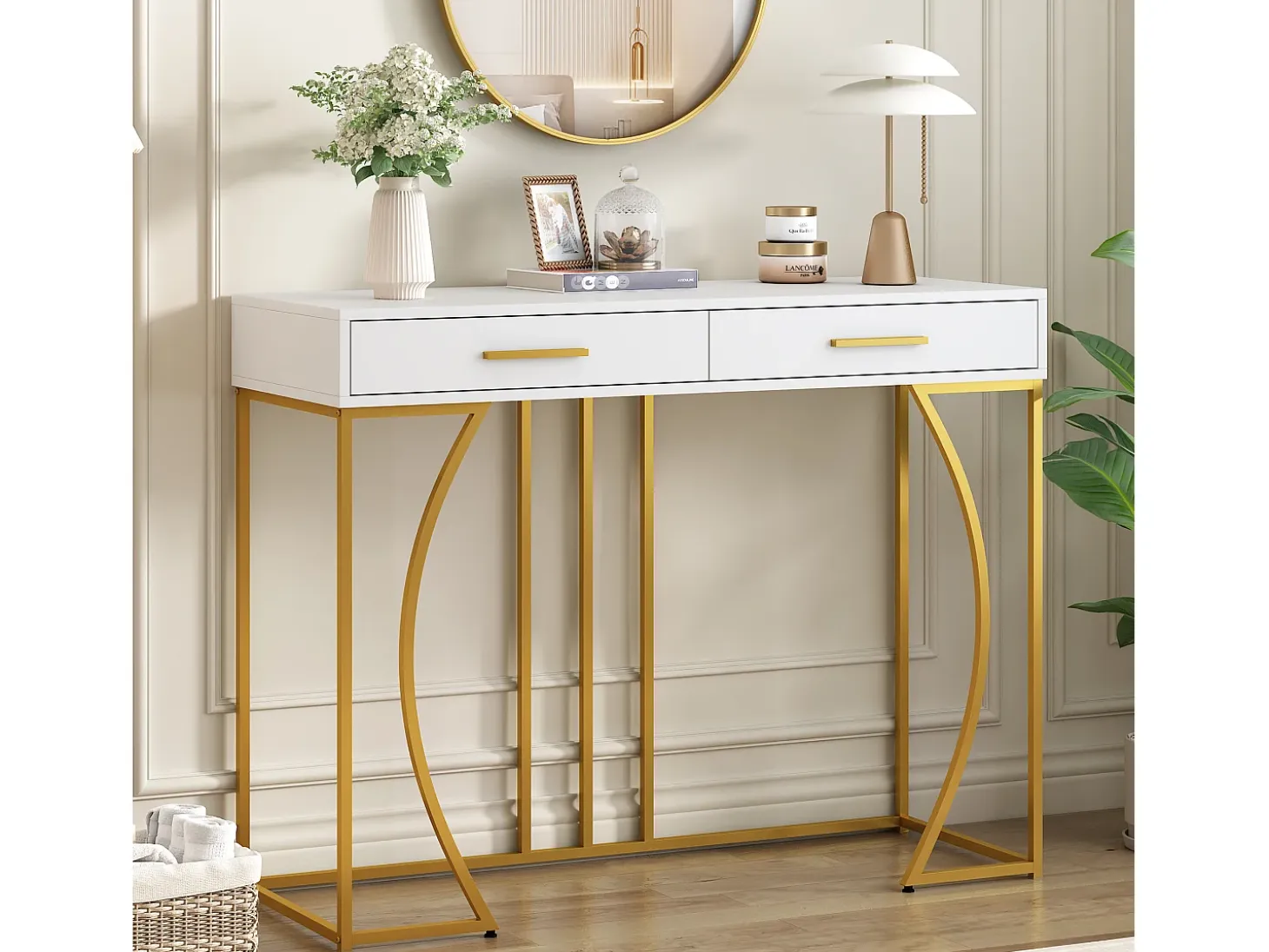Consola con 2 cajones - Patas de metal dorado - Blanco 110x32x85 cm