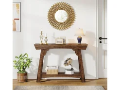Consola de 105 cm con espacio de almacenamiento, de madera de 2 niveles y con estante, estilo rústico estrecho, mesa detrás del sofá