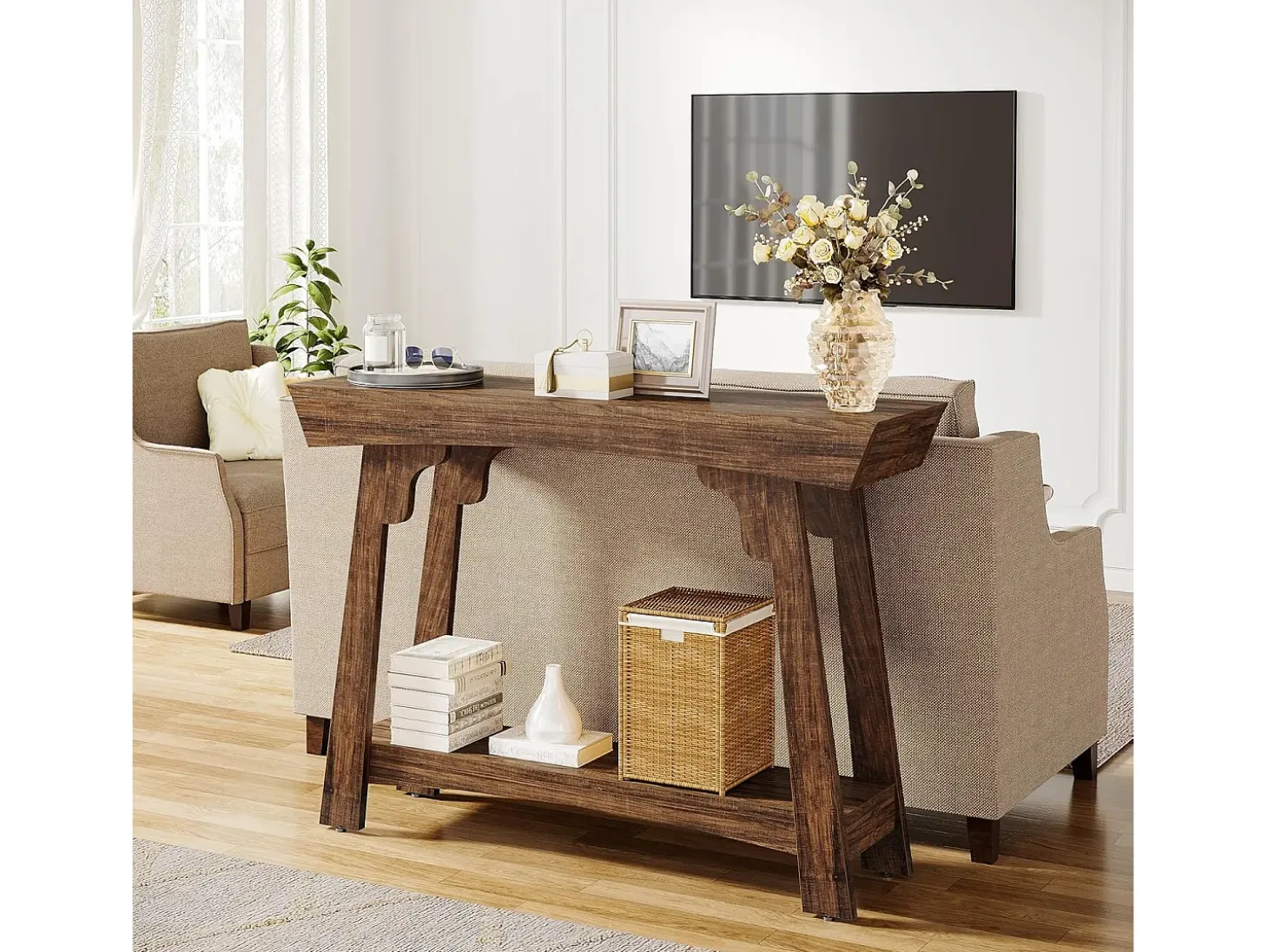 Consola de 105 cm con espacio de almacenamiento, de madera de 2 niveles y con estante, estilo rústico estrecho, mesa detrás del sofá