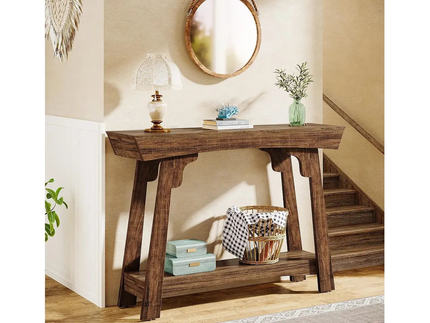 Consola de 105 cm con espacio de almacenamiento, de madera de 2 niveles y con estante, estilo rústico estrecho, mesa detrás del sofá