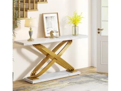 Consola de entrada de mesa, 140 x 33 x 80 cm, Consola de mesa moderna, Mesa de entrada con patas metálicas geométricas, blanco y dorado