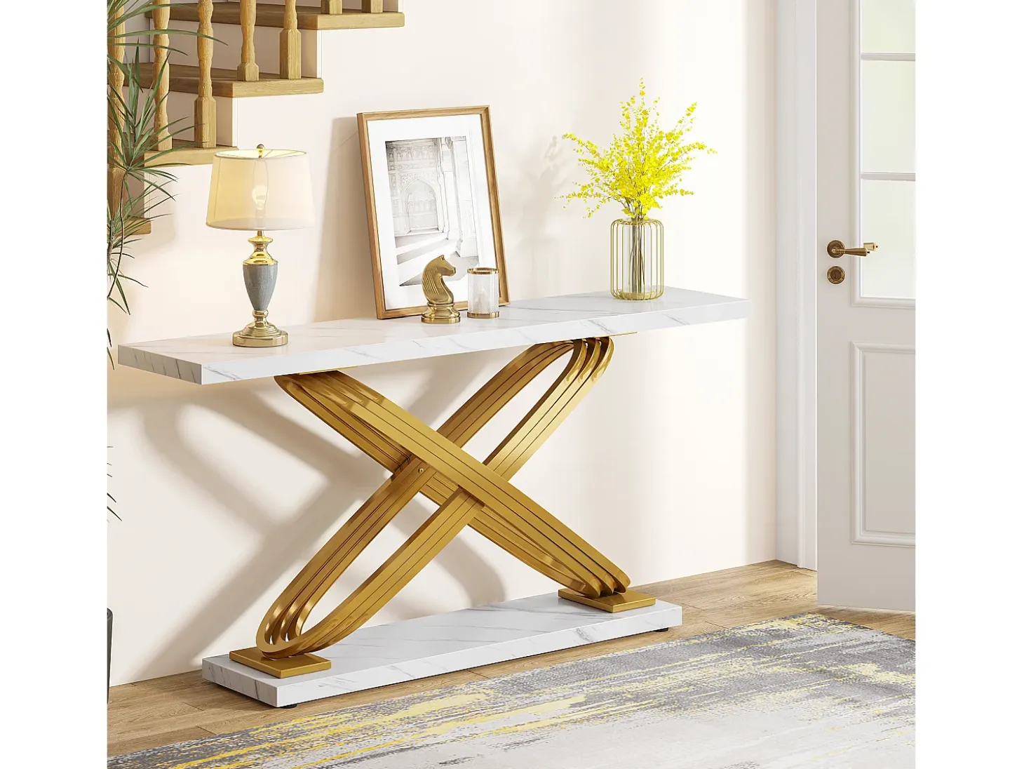 Consola de entrada de mesa, 140 x 33 x 80 cm, Consola de mesa moderna, Mesa de entrada con patas metálicas geométricas, blanco y dorado