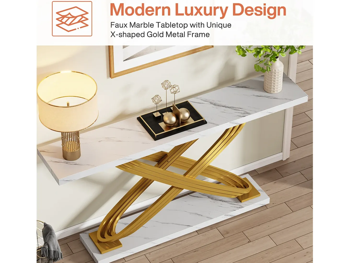 Consola de entrada de mesa, 140 x 33 x 80 cm, Consola de mesa moderna, Mesa de entrada con patas metálicas geométricas, blanco y dorado