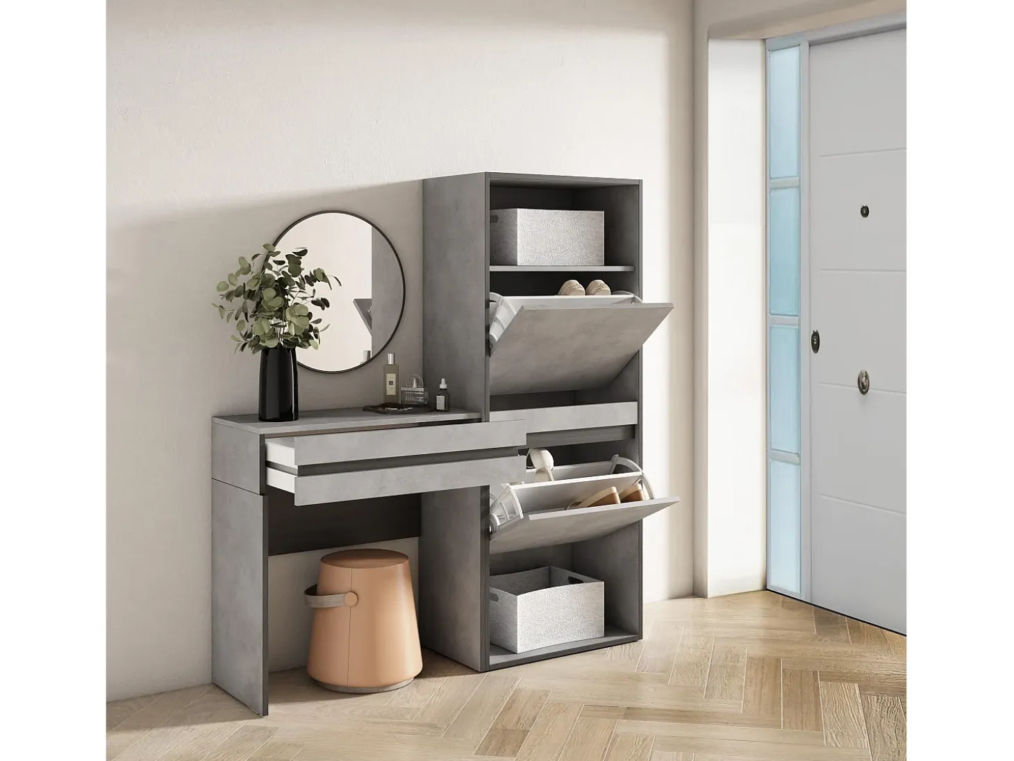 Consola entrada, 130x35x145cm, Recibidor, Zapatero, Cemento