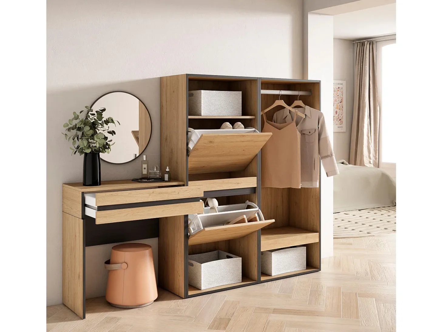 Consola entrada, 190x35x145cm, Recibidor, Zapatero, Vestidor abierto, Roble