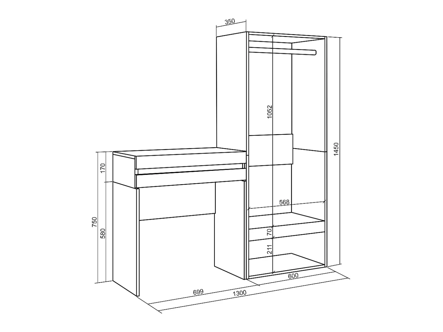 Consola entrada, 130x35x145cm, Recibidor, Vestidor abierto, Roble