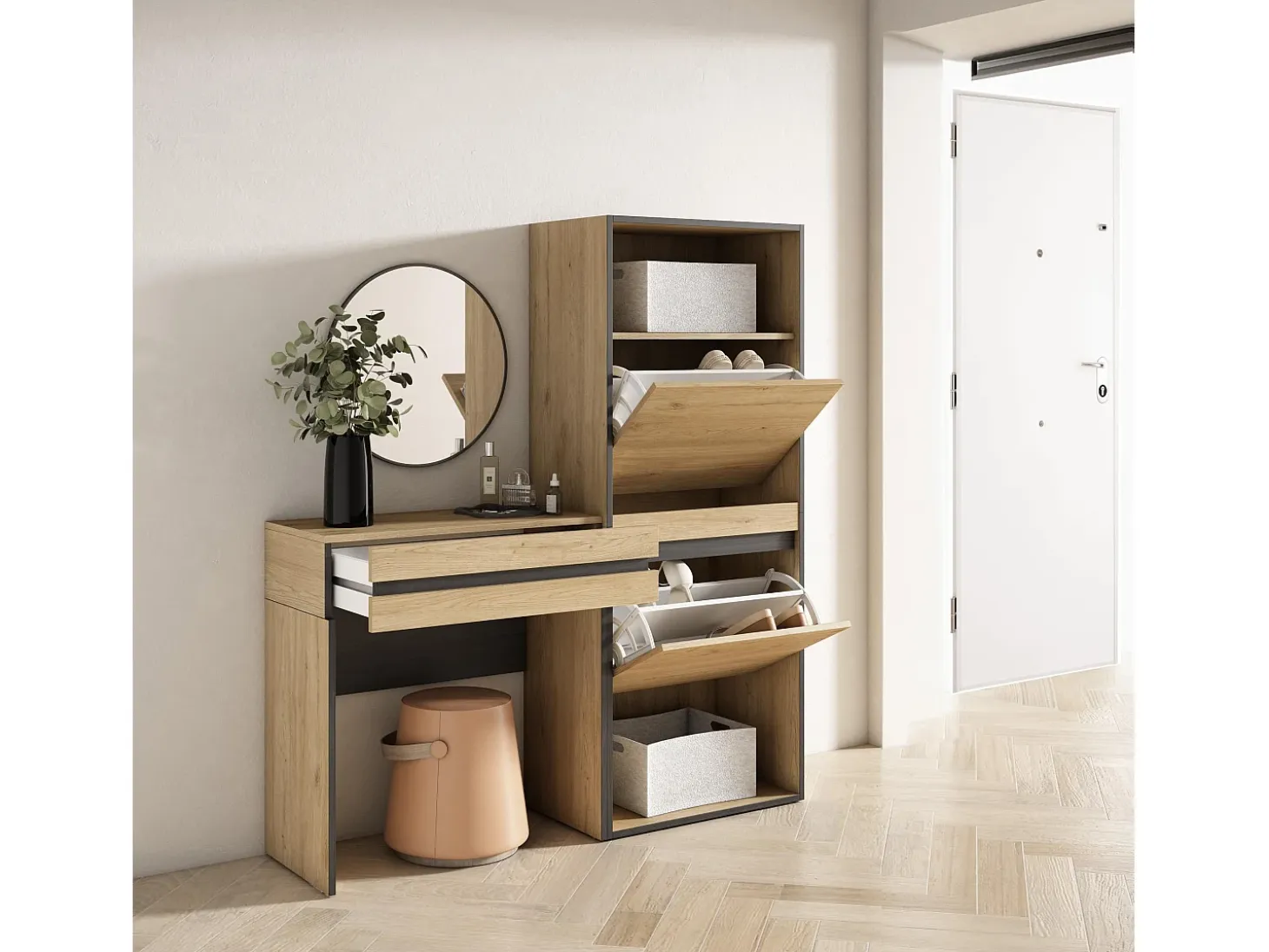 Consola entrada, 130x35x145cm, Recibidor, Zapatero, Roble