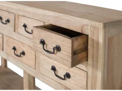 Consola fabricada en madera maciza de mindi con 9 cajones
