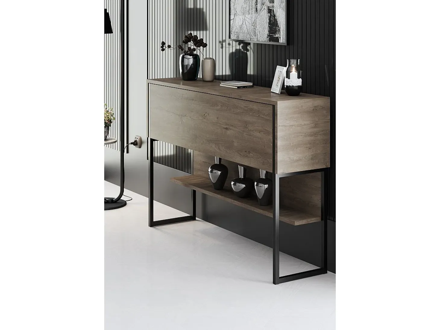 Consola Kailua Z120, Negro|Nogal, 80x120x30cm, Con puertas