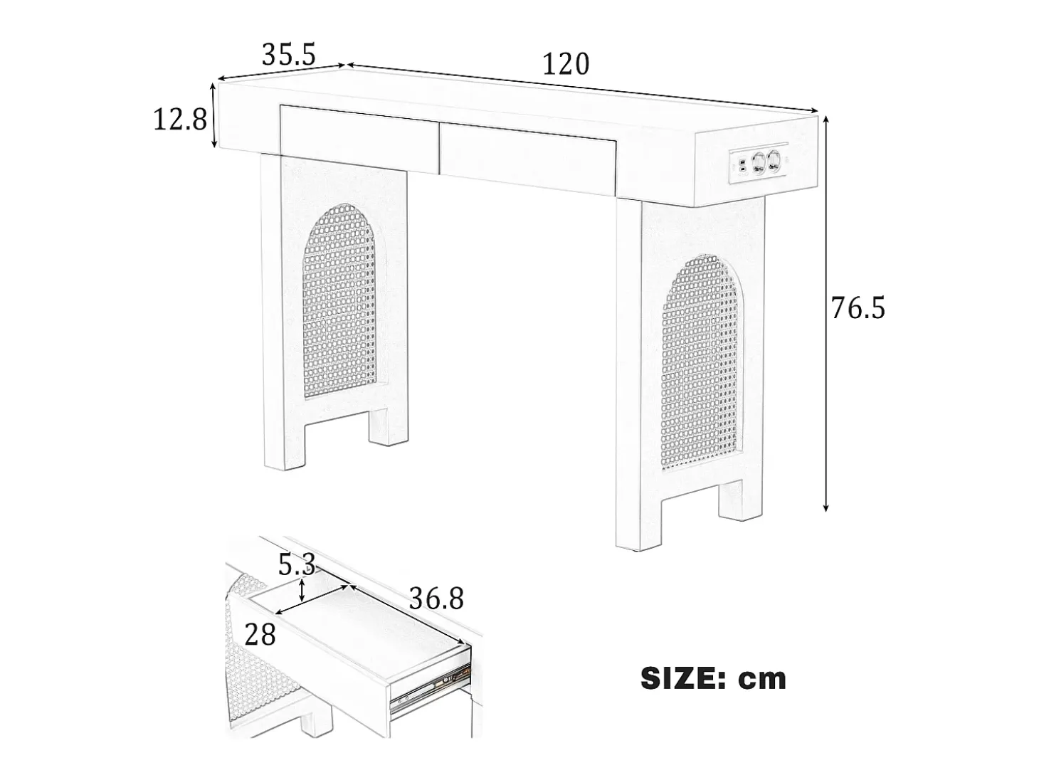 Consola mesa 120x35,5x76,5cm - con 2 cajones - con toma de corriente - MDF - Blanco