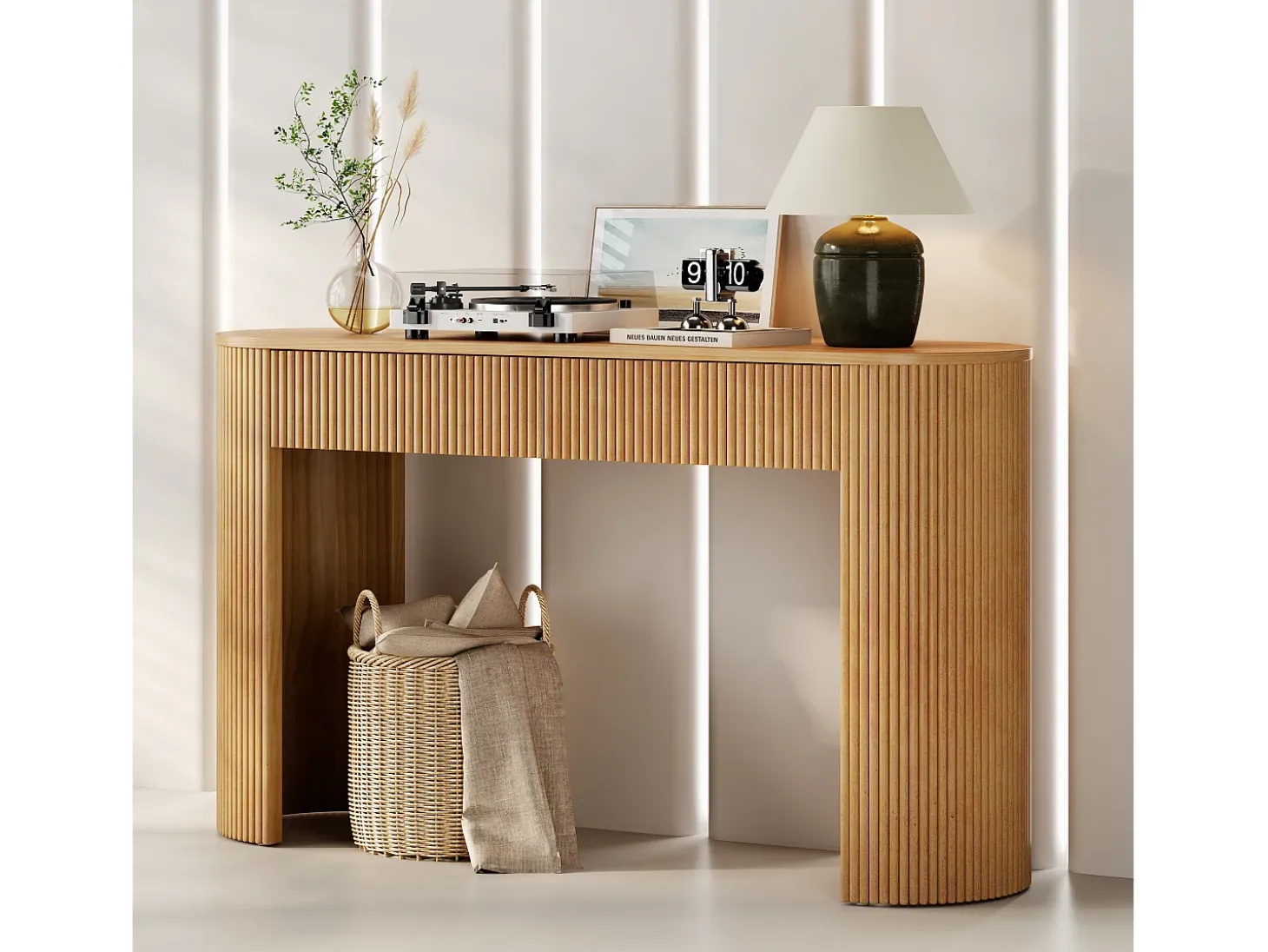 Consola mesa 120x33x76cm - con 2 cajones - Esquinas redondeadas - MDF - Natural