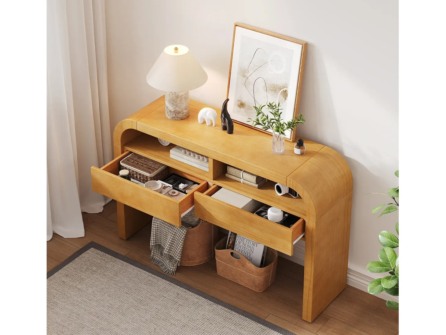 Consola mesa 120x35,5x76,5cm - con 2 cajones - Esquinas redondeadas - estantes abiertos - MDF - Natural