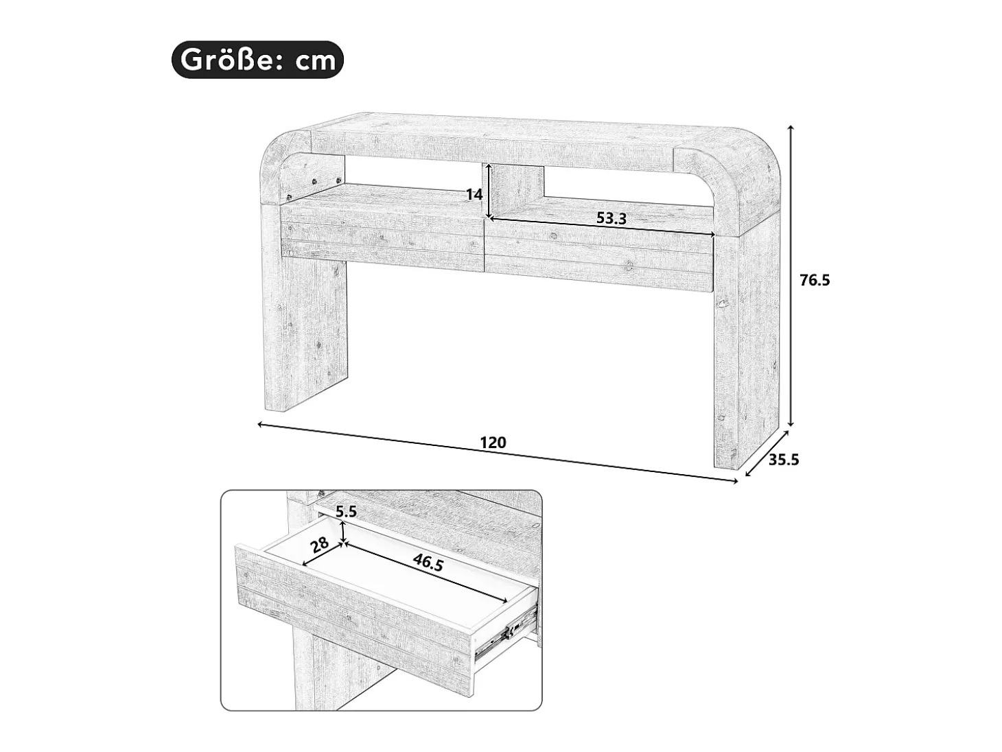 Consola mesa 120x35,5x76,5cm - con 2 cajones - Esquinas redondeadas - estantes abiertos - MDF - Natural